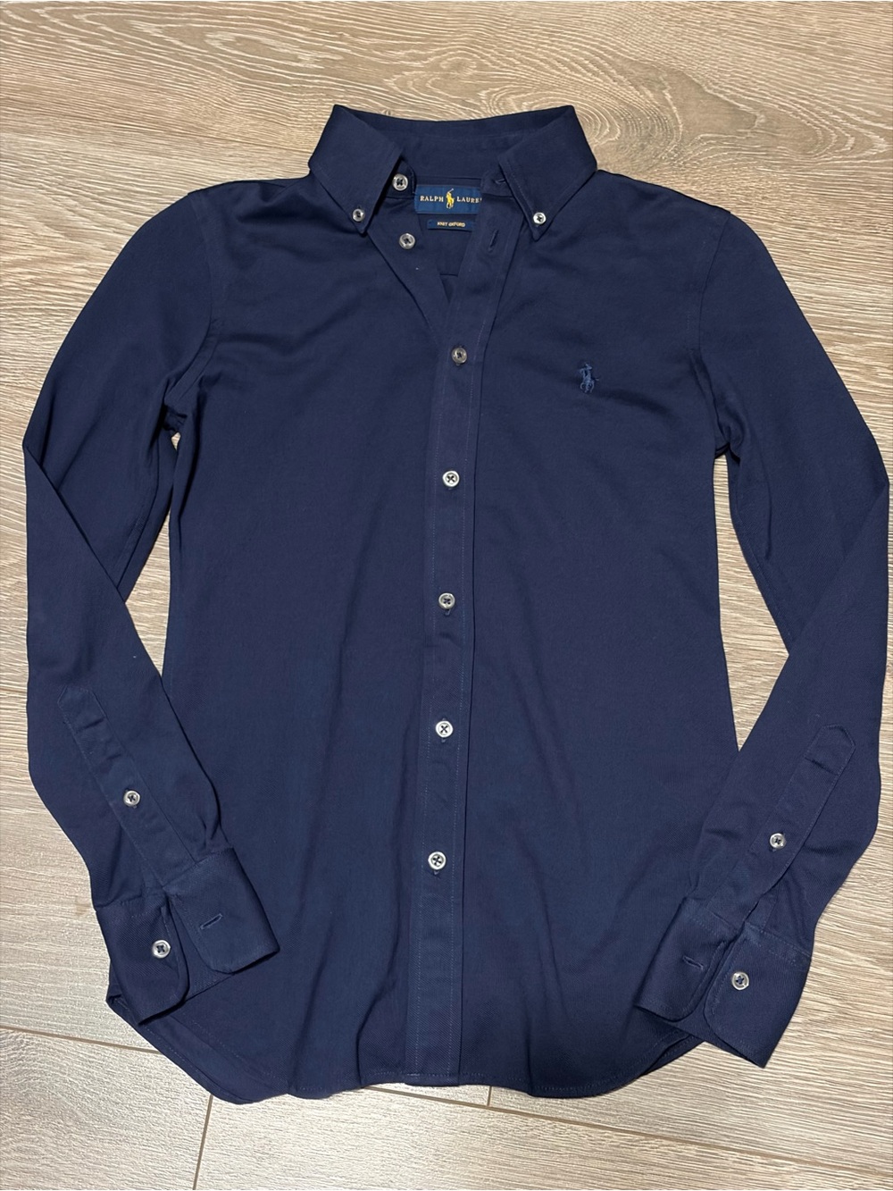 Ralph Lauren Women’s Knit Oxford Dark Navy Button-Down Shirt Sz XS